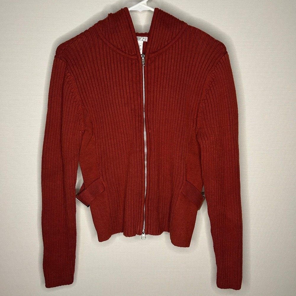 VTG Banana Republic Orange Red Ribbed Knit Cotton Zip Hoodie Sweater Women XL